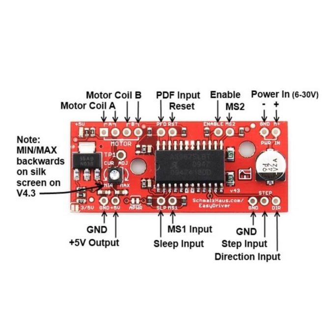 O Módulo EasyDriver V44 A3967 um controlador para motores de passo, compatível com sistema que possa dar saída de um pulso digital de 0 a 5V.