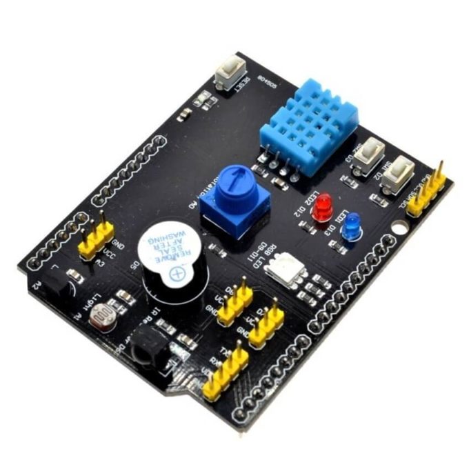 A Placa Shield Multifunções com Sensores e I/Os é totalmente compatível com o Arduino UNO R3, é uma excelente opção para aprendizagem.