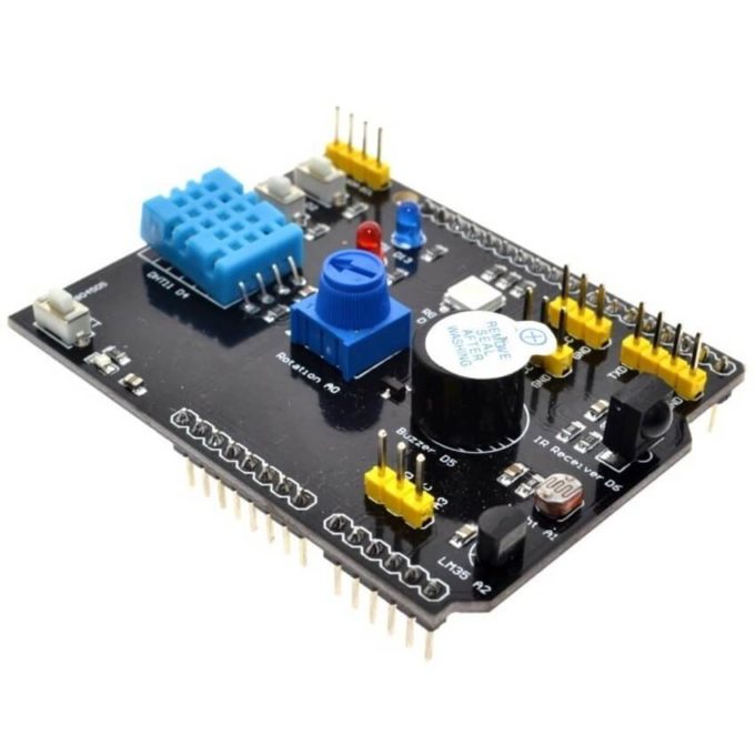 A Placa Shield Multifunções com Sensores e I/Os é totalmente compatível com o Arduino UNO R3, é uma excelente opção para aprendizagem.