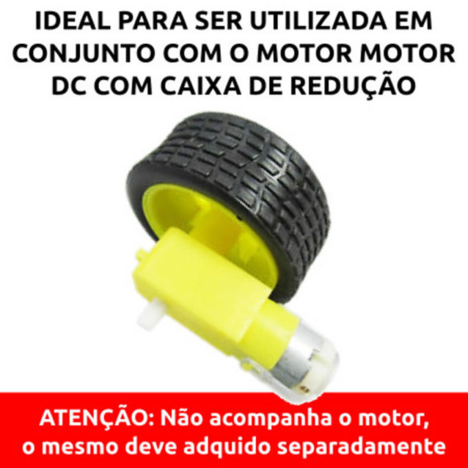 Esta Roda com Pneu - 65mm de Diâmetro possui pneus de borracha e se encaixa muito bem aos motores DC, é ótima para projetos de robótica.