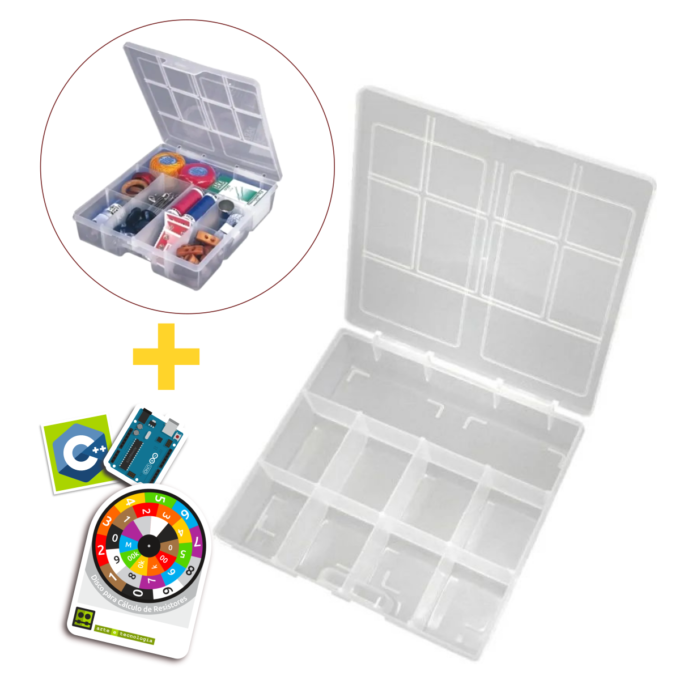 A Maleta organizadora 118 - 19,5x16,6x4,7 cm possui 9 divisórias fixas, ideal para organizar seus componentes eletrônicos ou qualquer material que desejar.