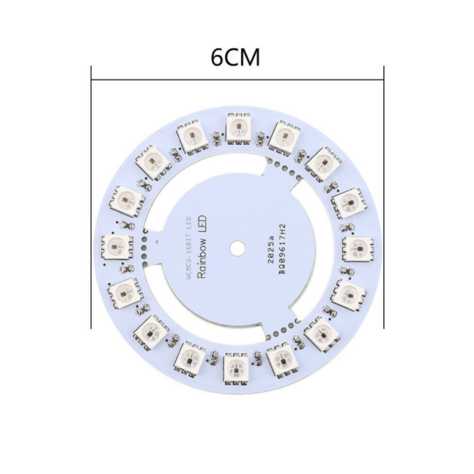 O Rainbow LED RGB SMD 5050 Endereçável - Anel de LED RGB contém 16 LEDs endereçáveis, permitindo que você faça efeitos luminosos