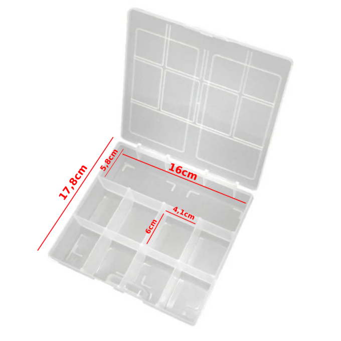 A Maleta organizadora 118 - 19,5x16,6x4,7 cm possui 9 divisórias fixas, ideal para organizar seus componentes eletrônicos ou qualquer material que desejar.