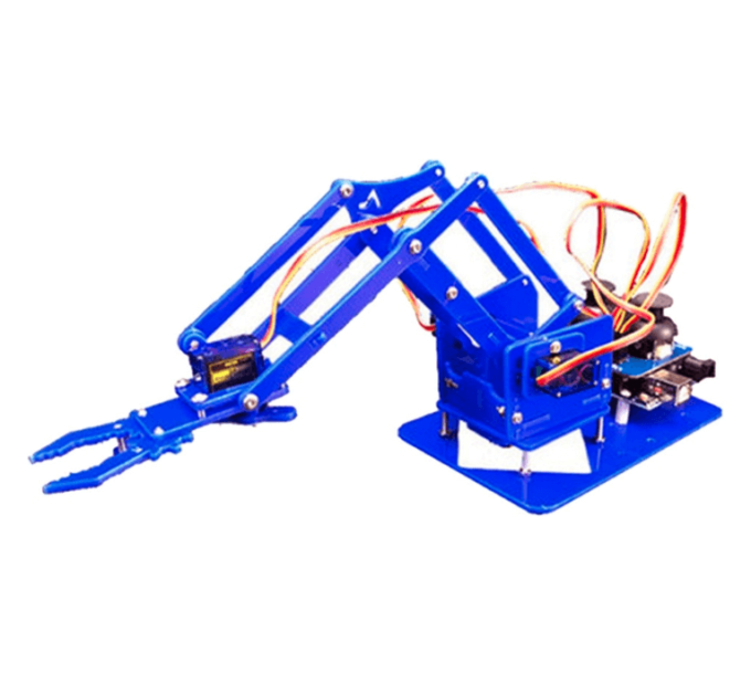 O Kit Braço Robótico Azul Acrílico + 4 Servos foi criado com a finalidade de disponibilizar maiores movimentos aos robôs para auxílio em tarefas simples. Possui estrutura em acrílico azul cortado a laser.